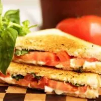 A grilled cheese margarita sandwich with perfectly toasted sourdough and all the flavors of the famous pizza including basil, mozzarella, and tomatoes.