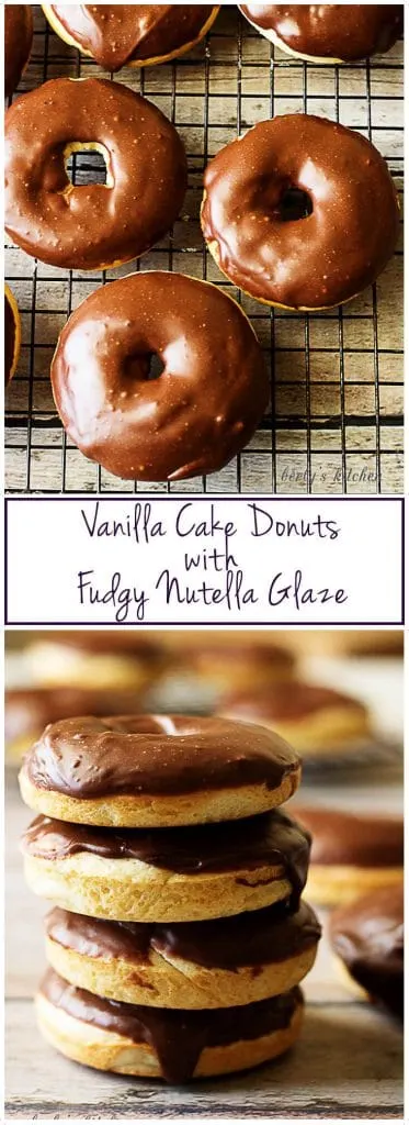 Vanilla donuts with nutella glaze in a stack.