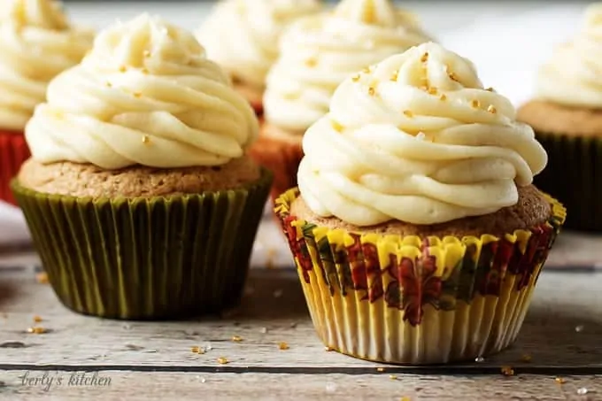 Spiced cupcakes with maple buttercream are a wonderfully sweet dessert filled with the warm flavors of fall. Cinnamon, nutmeg, and ginger mix perfectly with the subtle flavor of maple.