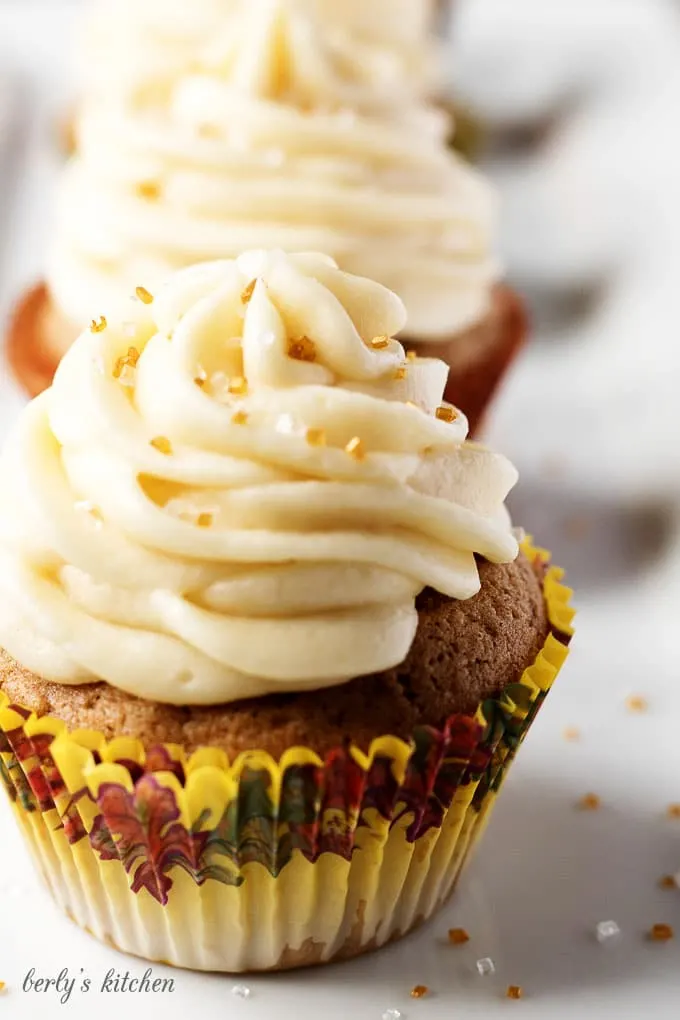 Row of spiced cupcakes in fall themed cupcake liners.