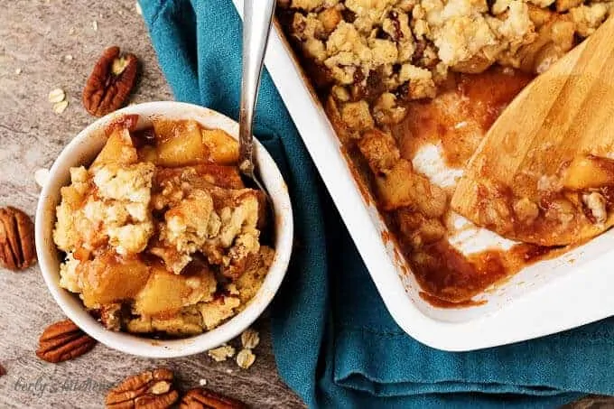 A top-down view of the finished dessert in a small bowl with a fork.