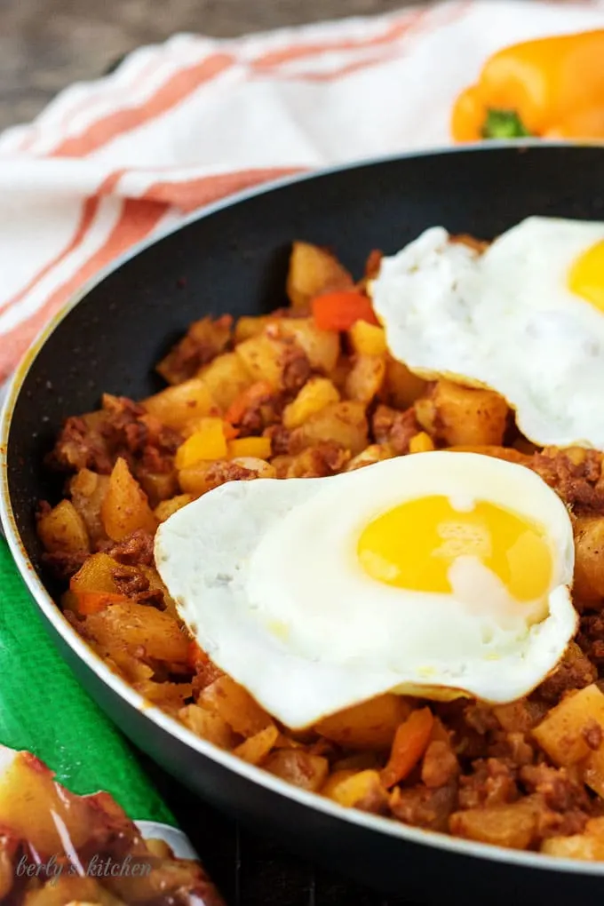 Simply potatoes chorizo breakfast bowl with a fried egg on top.