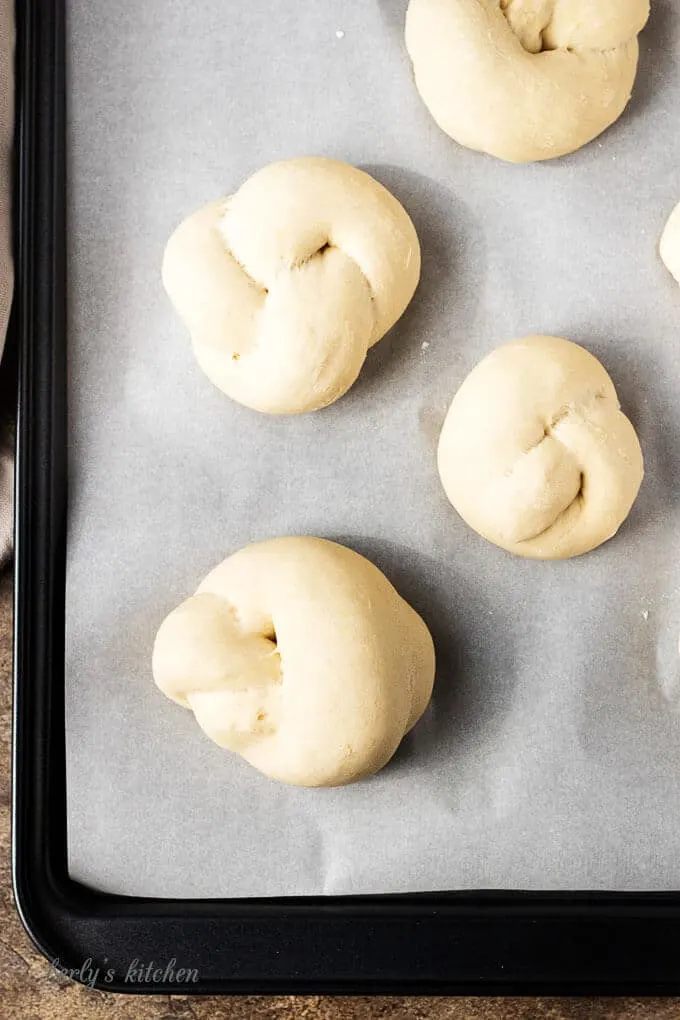 A simple photo of the garlic knots, fully risen, and ready for baking.