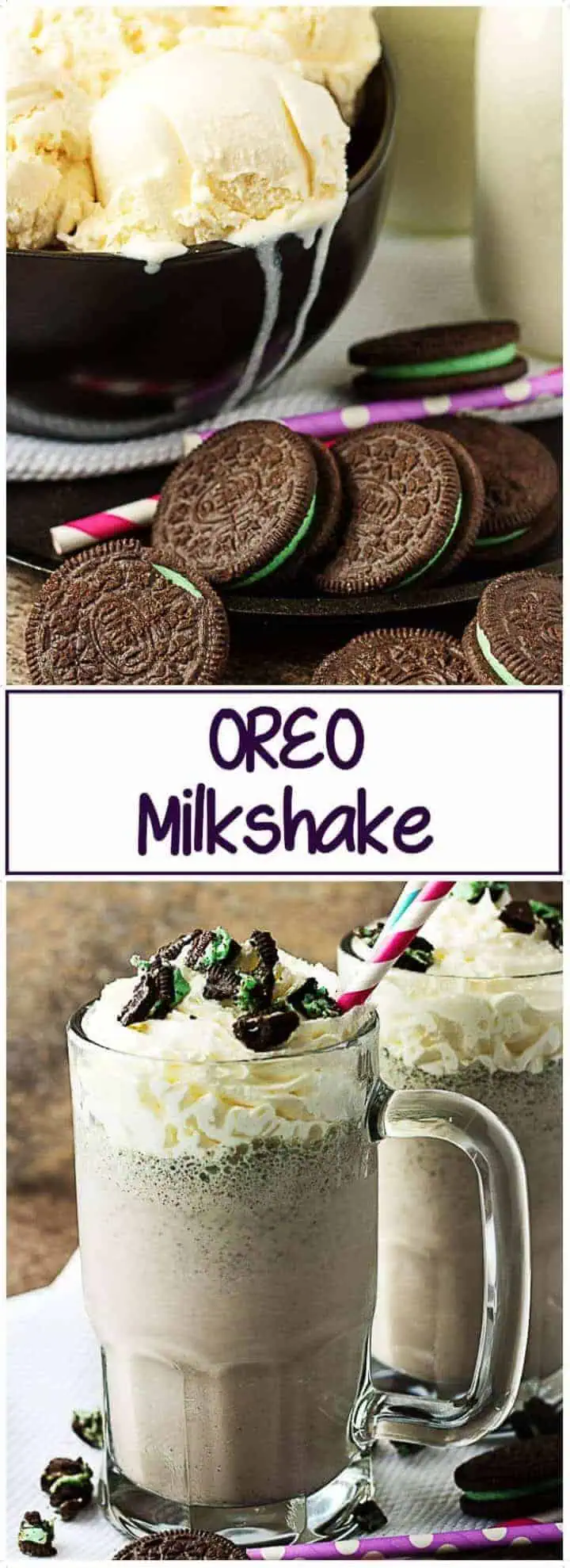 Two stacked pictures, one of the milkshakes in mugs, the other of the ingredients like cookies and milk.