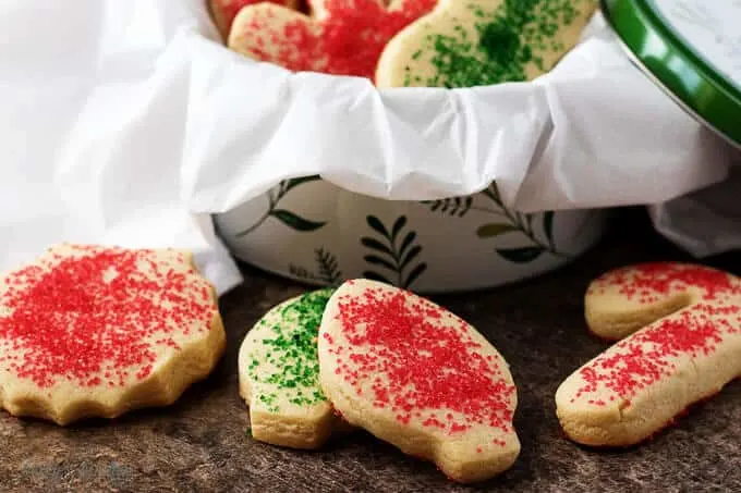 The finished soft sugar cookies, sprinkled with colorful sugar, in a bowl.