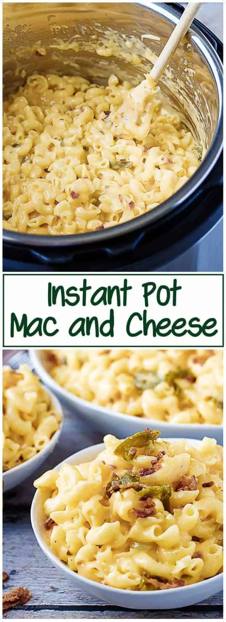 Collage of two photos of instant pot mac and cheese used for pinterest sharing.