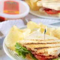 A final photo showing half a pimento cheese sandwich on white plate with a blue tipped toothpick and served with crispy potato chips.