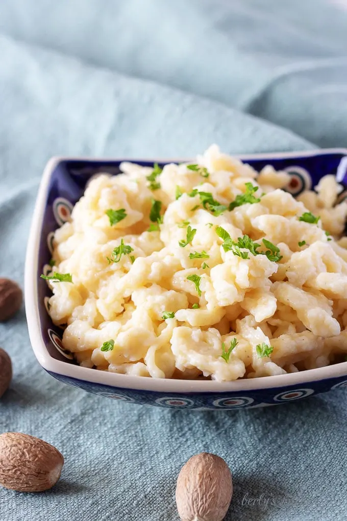 A picture showing a close-up view of the finished spaetzle recipe in a traditional polish hand painted bowl.