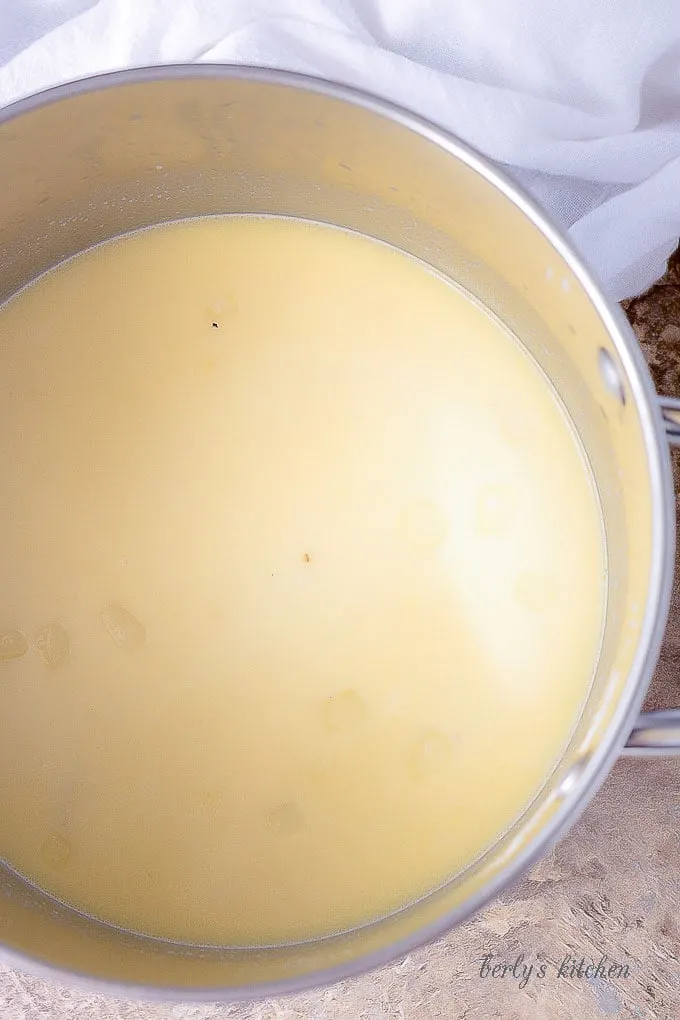 Ariel view of broccoli cheese soup base before cheese and broccoli are added.