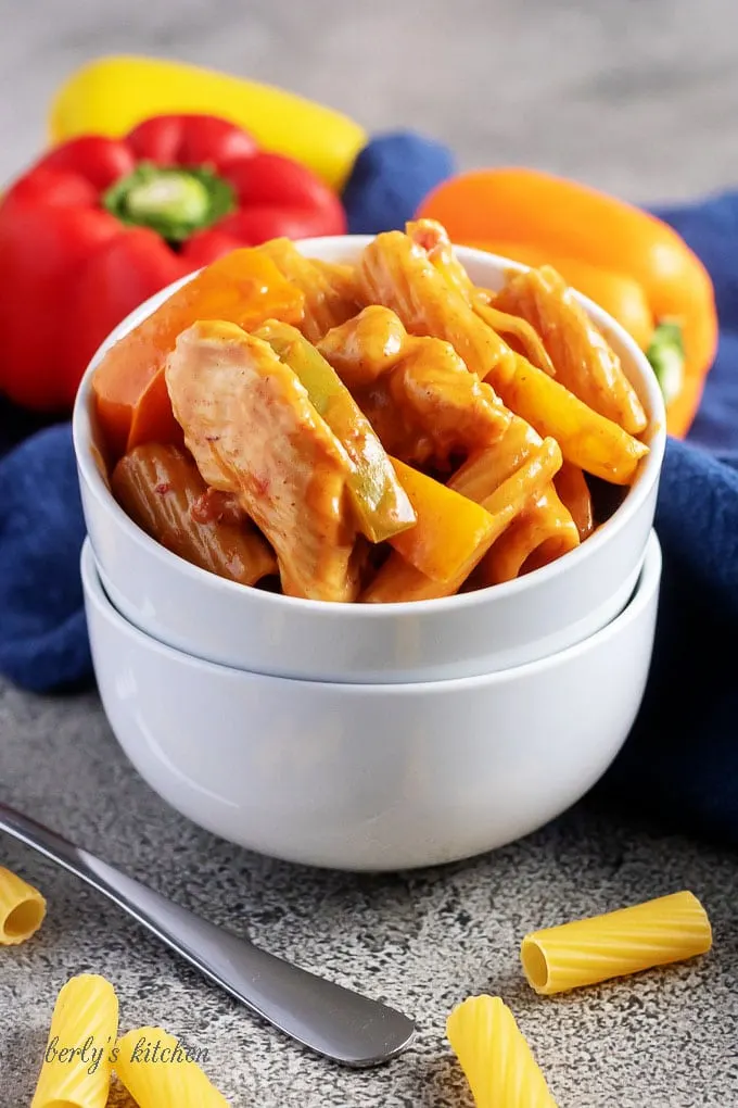 Photo of cheesy chicken fajita pasta used for pinterest.