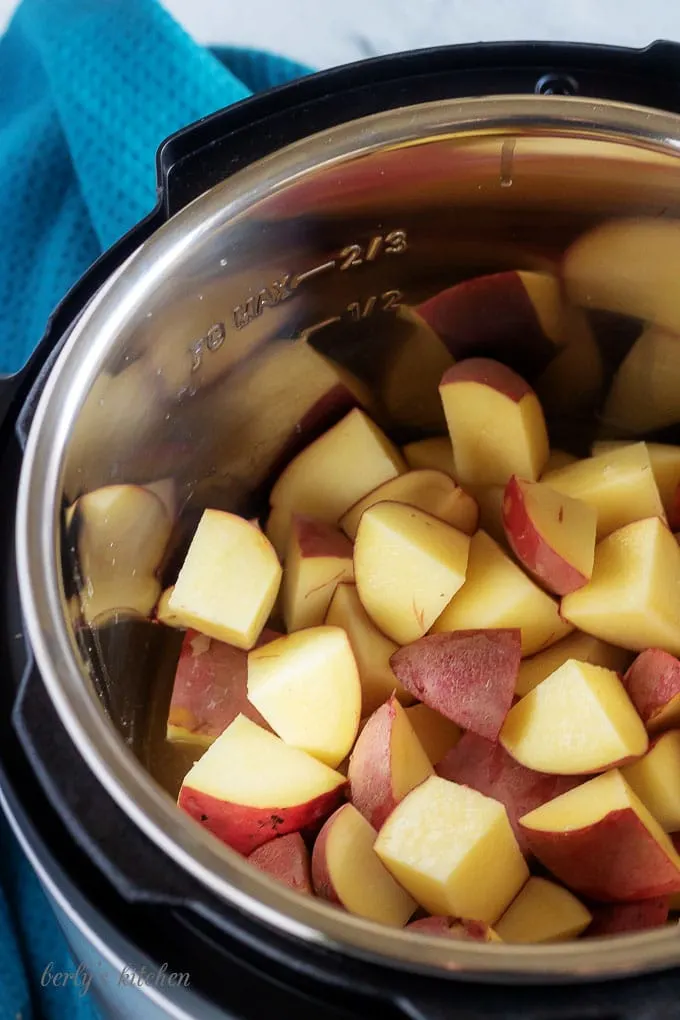 An aerial picture of the diced red potatoes sitting in the pressure cooker.