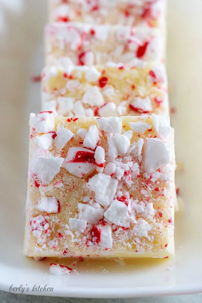 Three square pieces of fudge in a row on a large rectangular serving platter.