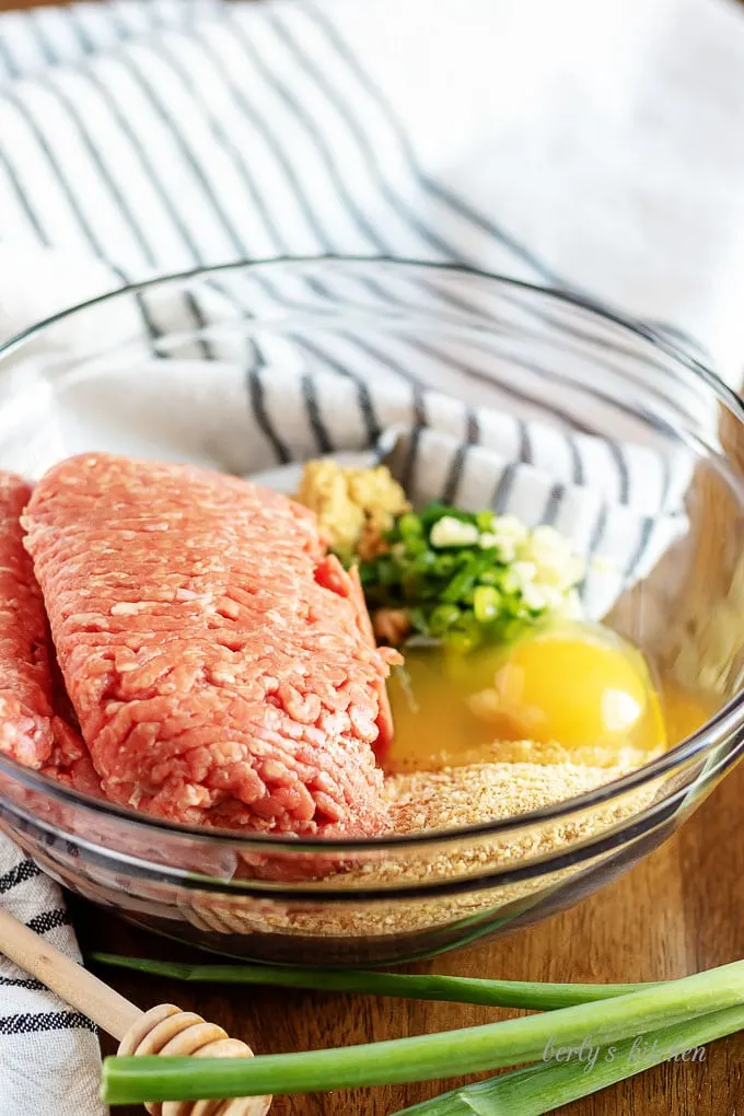 Ground beef, egg, breadcrumbs, green onions, in a bowl for instant pot teriyaki meatballs.