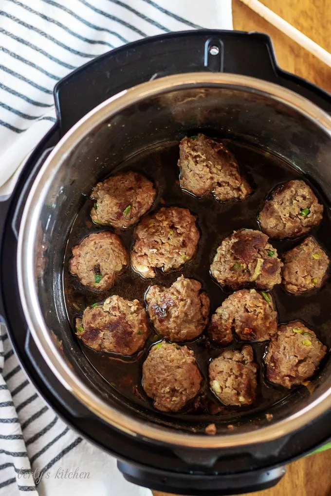 Top down view of an instant pot teriyaki meatballs.