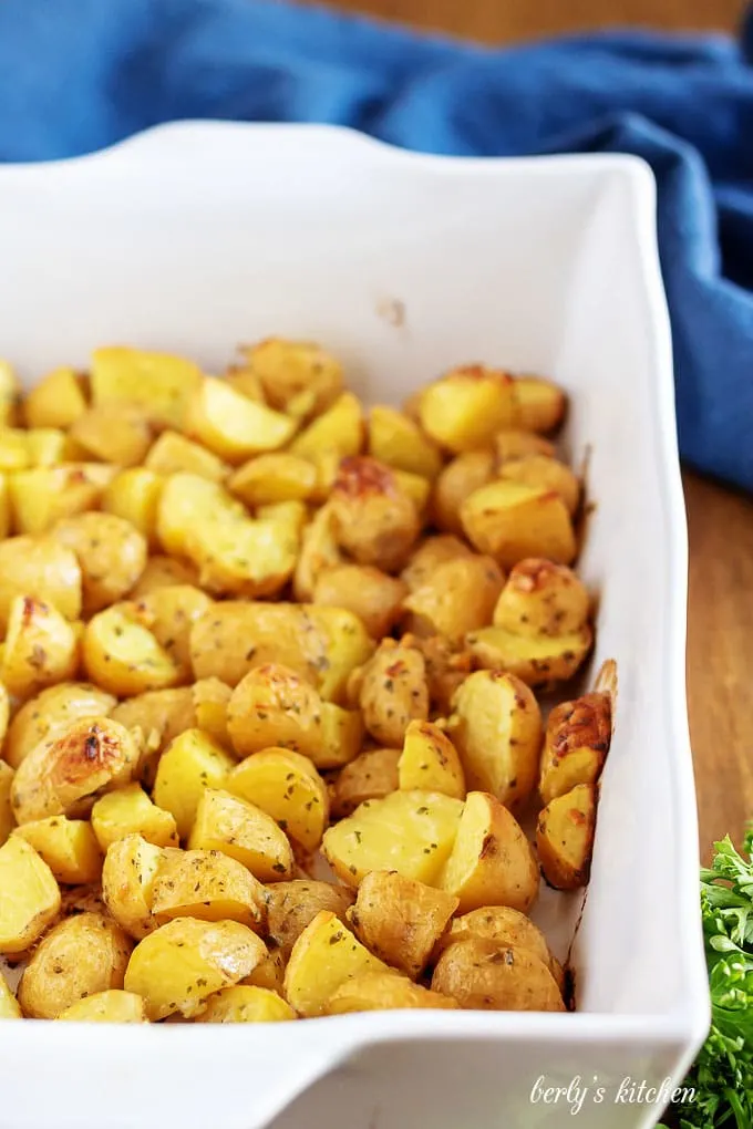 Ranch potatoes, cooked, sitting in a pan, just before serving.