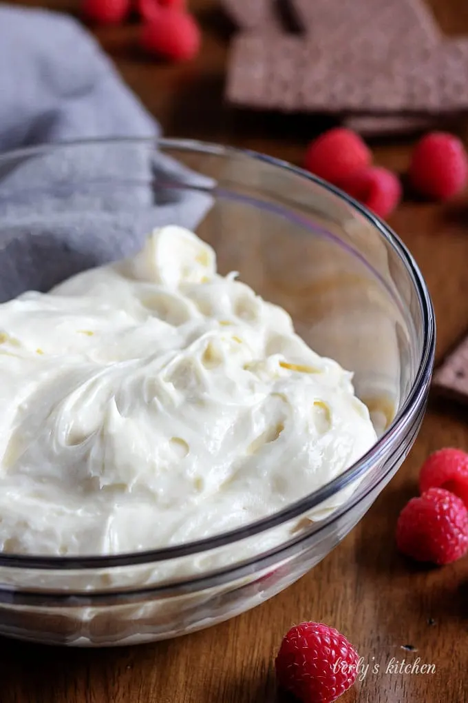 The cream cheese, chocolate, and other ingredients. Combined in a mixing bowl.