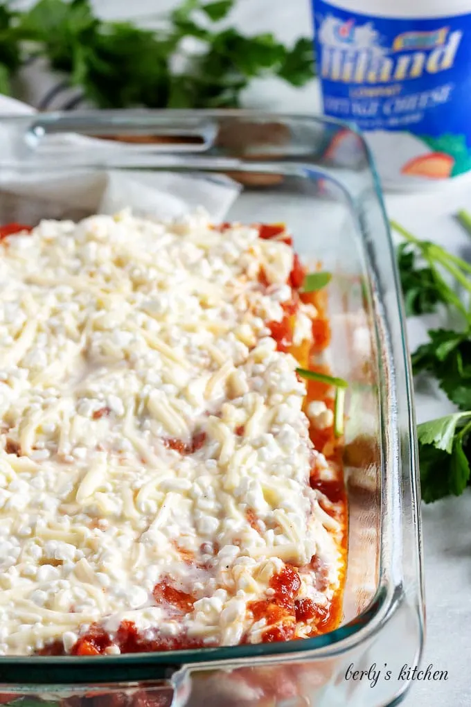 The cottage cheese filling spread over the pasta sauce and noodles.