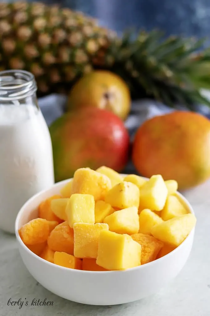 All of the smoothie ingredients like frozen mango, pineapple, and coconut milk.