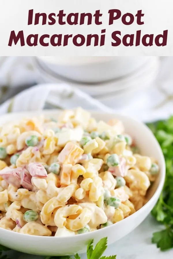 A close-up of the macaroni salad served in a white bowl.