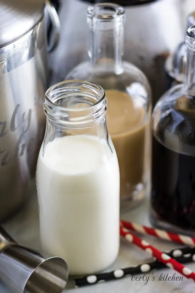 The irish cream, coffee, and other ingredients for the recipe.