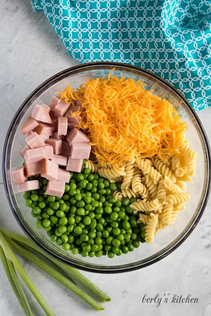 An aerial view of the ingredients in a mixing bowl.