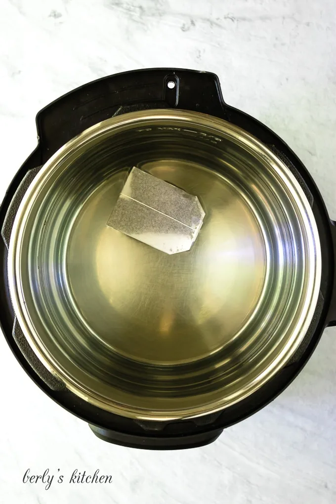 Tea bag in water in the instant pot.