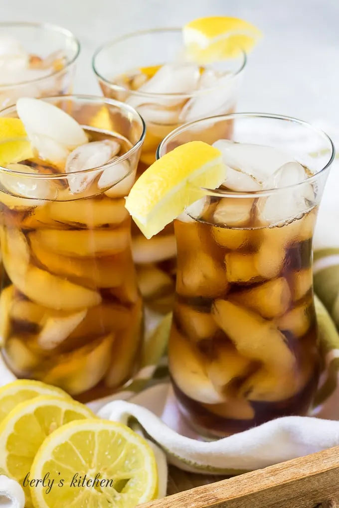 Glasses of instant pot iced tea with lemon slices.