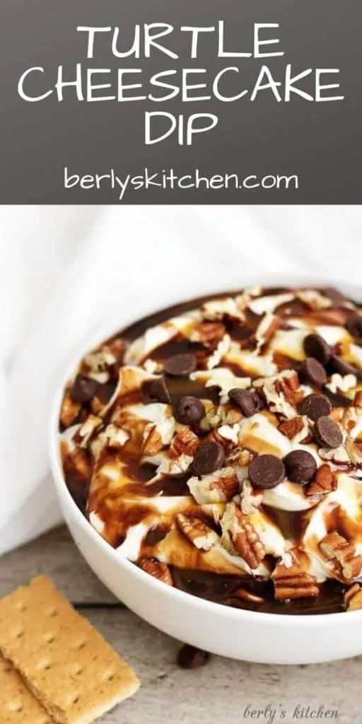 Tempting turtle cheesecake dip pin used for pinterest.