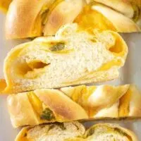 Ariel view of sliced jalapeno cheese braided bread.