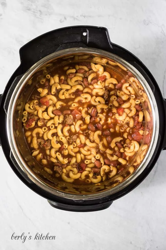 The lid has been removed and the pasta is done.