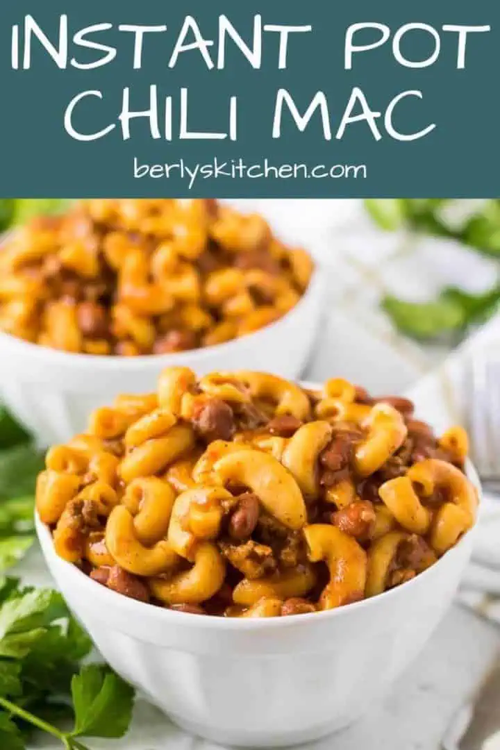 Two white bowls filled with the instant pot chili mac.