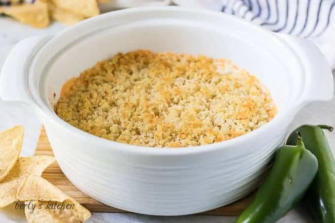 A large casserole dish filled with the jalapeno popper dip.