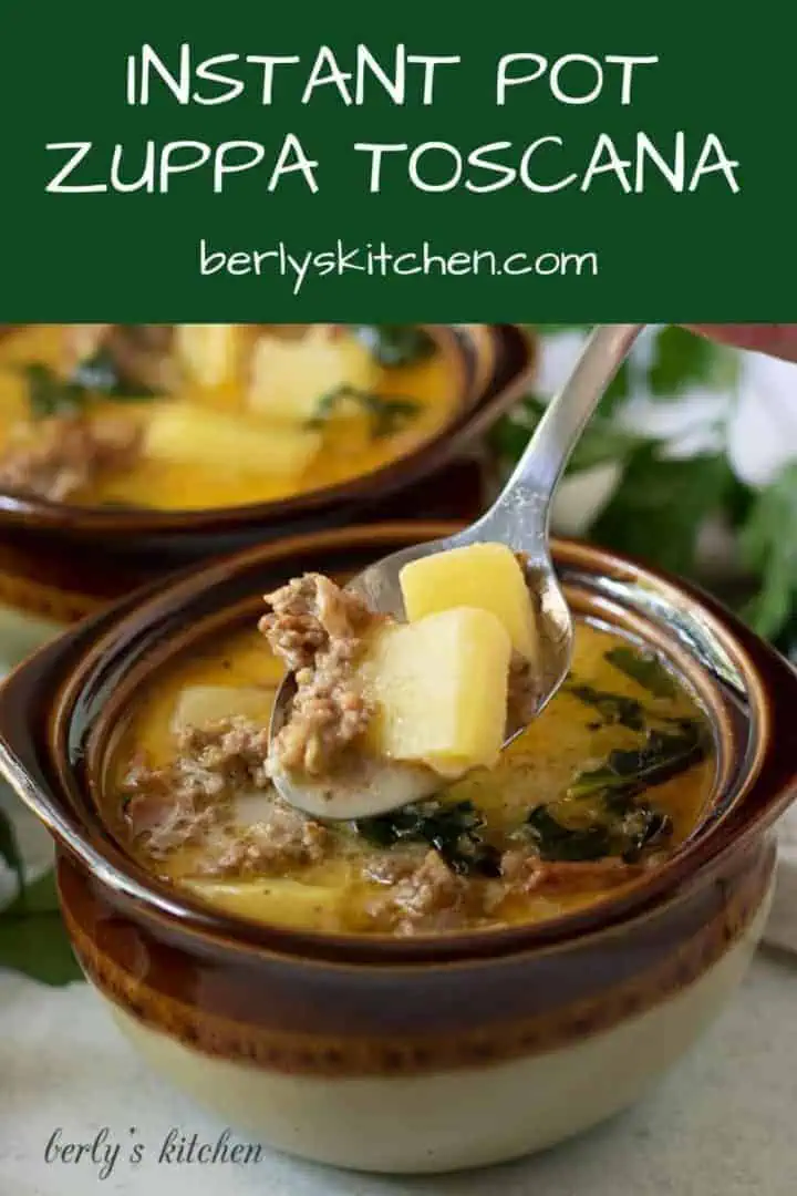 The finished zuppa toscana recipe served in brown decorative bowls.