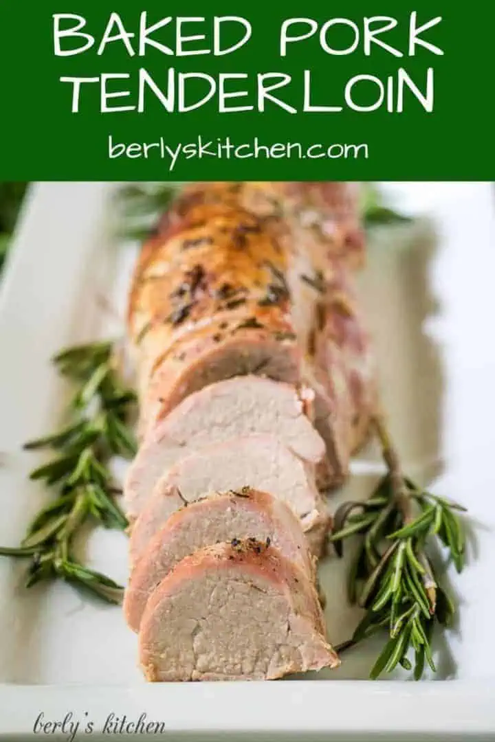 The finished maple glazed baked pork tenderloin garnished with rosemary.