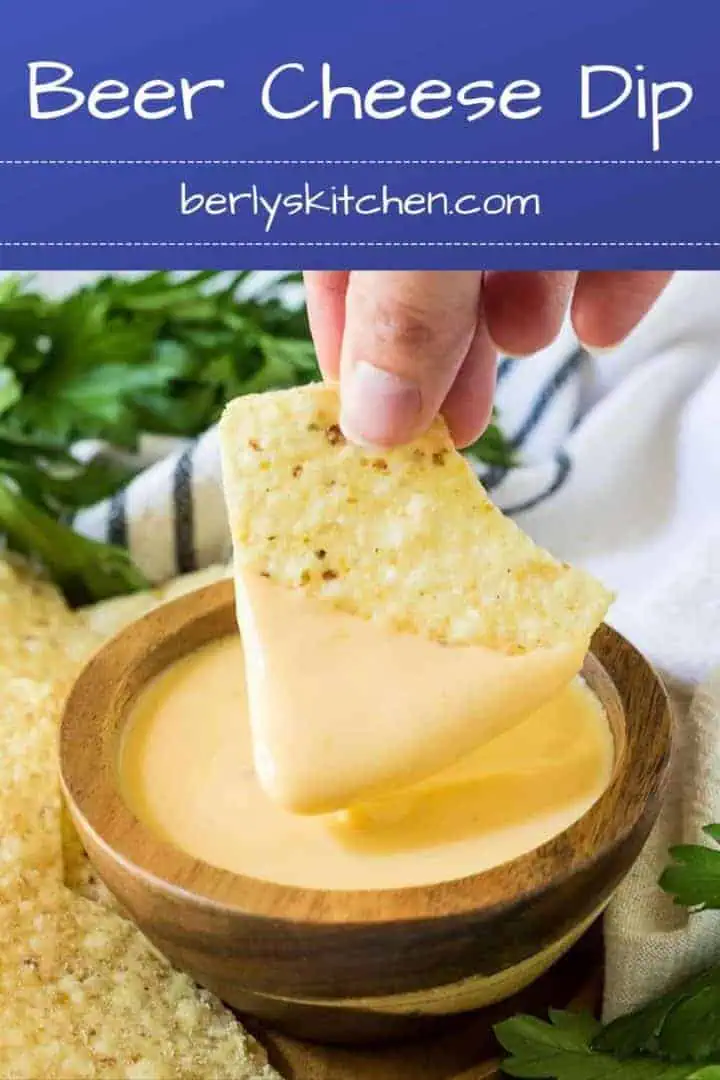 A small tortilla chip being dipped into beer cheese dip.