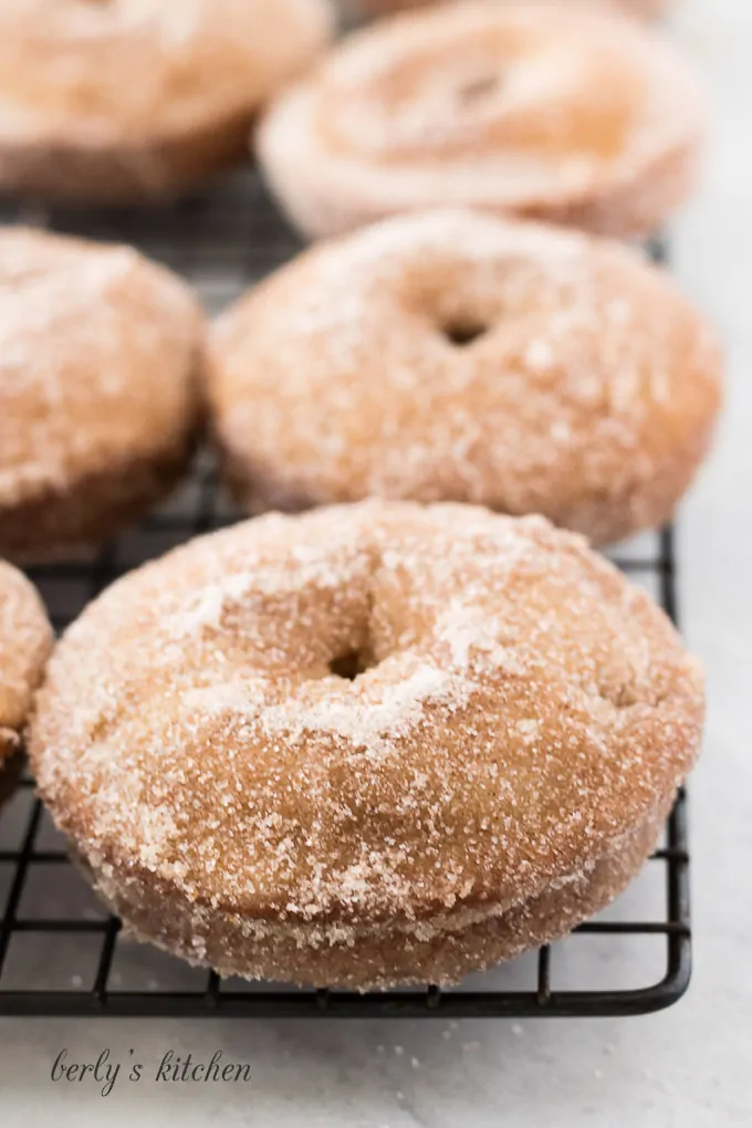 Six finished apple cider donuts sitting on a cooling rack.