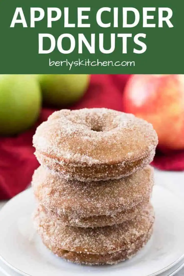 Three apple cider donuts stacked on a small white plate.