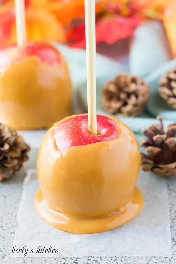 A caramel apple on wax paper surrounded by fall decorations.