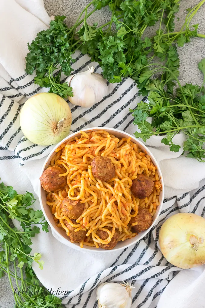 An aerial view of the pressure cooker spaghetti and meatballs.