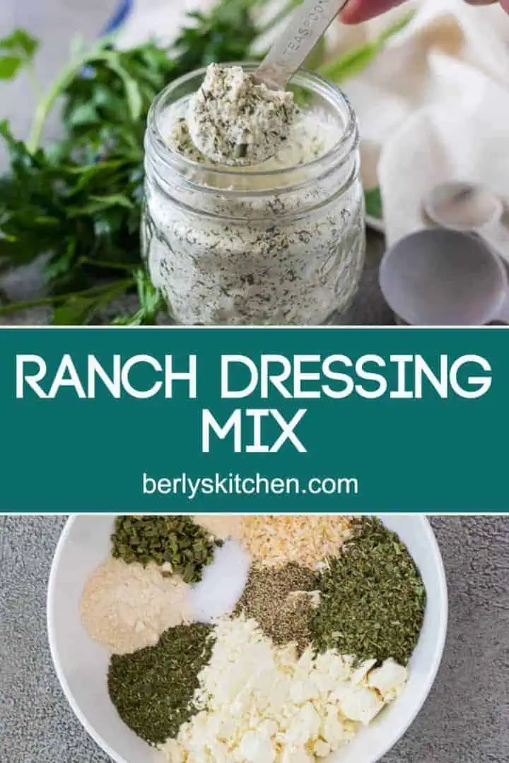 Two photos of the ranch dressing mix separated by text.