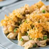 A portion of the finished casserole on a blue plate.