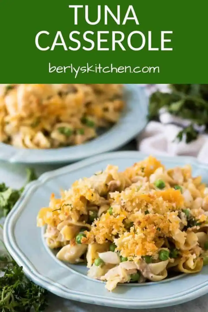 The finished tuna casserole recipe served on blue decorative plates.