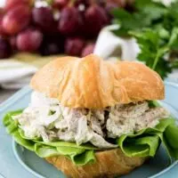 A turkey salad sandwich with lettuce on a golden croissant.