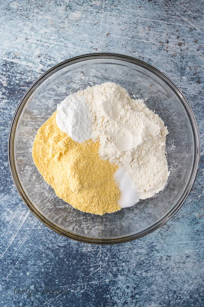 Flour and other dry ingredients in a large mixing bowl.