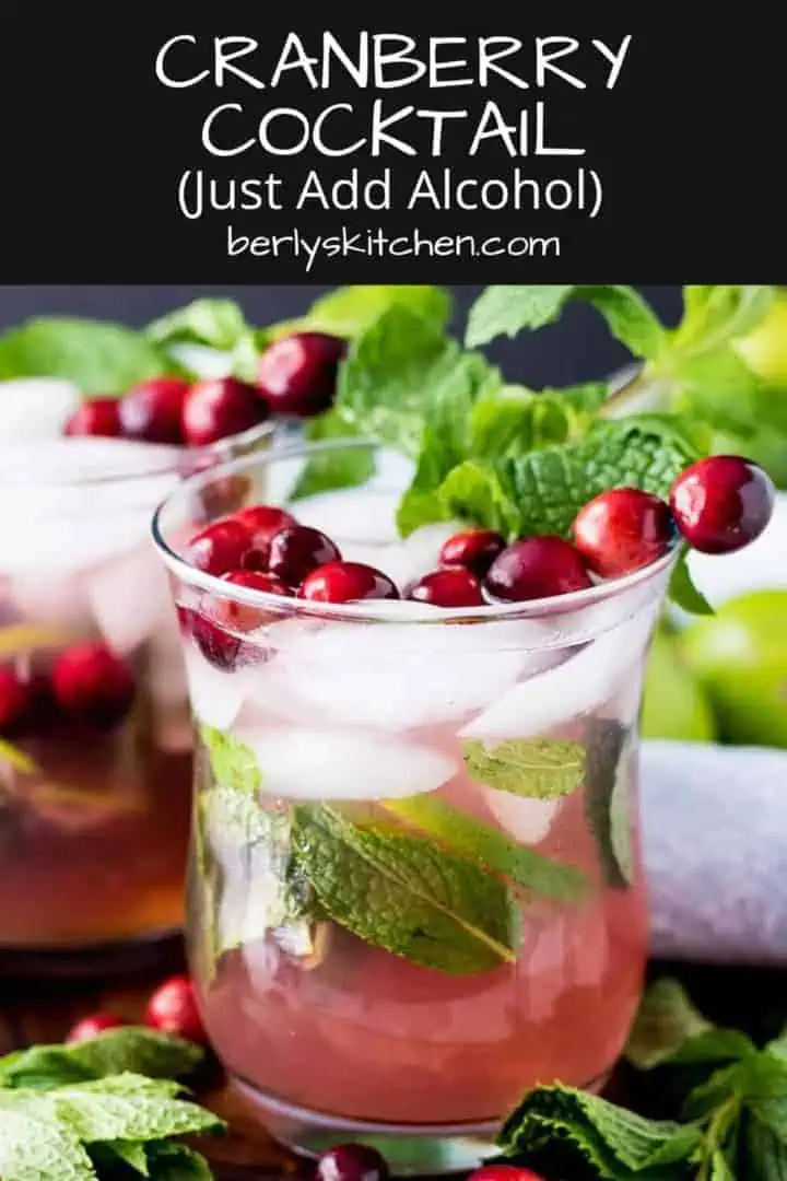 The mock cranberry cocktail served with fresh cranberries and mint.