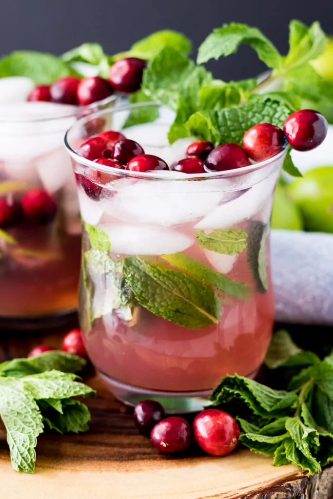 The finished mock cranberry cocktail garnished with fresh mint leaves.