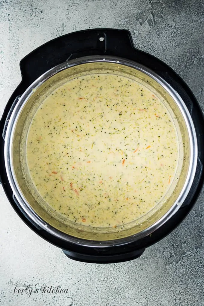 Aerial view of the broccoli cheese soup in the instant pot.