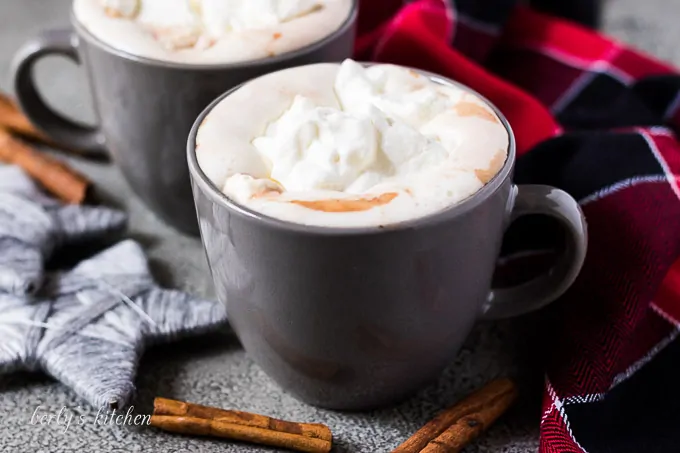 Two mugs of gingerbread hot chocolate topped with whipped cream.