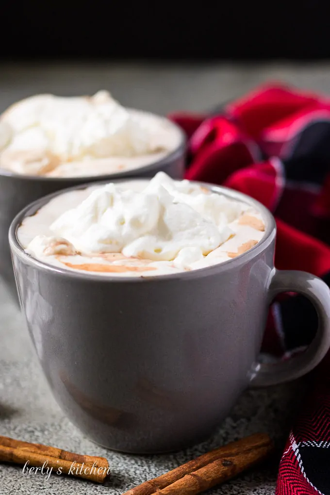 Two mugs filled with hot chocolate and whipped cream.