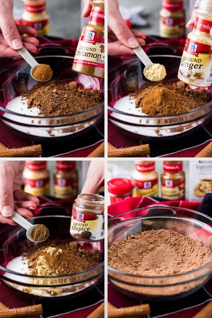 A photo collage of the cocoa ingredients going into a mixing bowl.